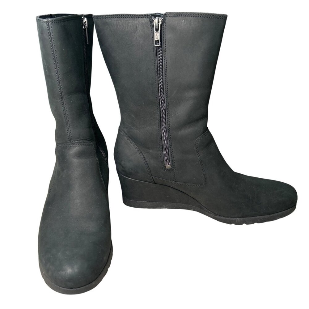 UGG JOELY Black Leather Mid-Calf Wedge Boots Womens 11 Waterproof Side Zip Lined